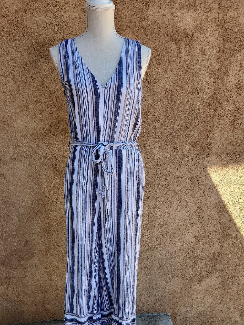 ECI NewYork Linen Blend Nautical Striped Sleeveless Resortwear Jumpsuit TieWaist